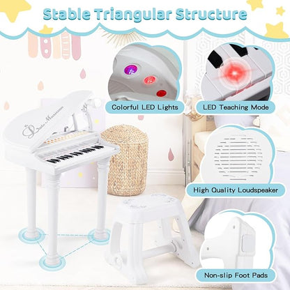 Costzon Kids Piano, 31 Key Mini Grand Piano Toy Keyboard with Microphone, Stool & Lights, Portable Electronic Piano Educational Musical Instrument Toy, Birthday Gift for Toddler Boys Girls (White)