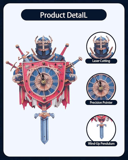 3D Wooden Puzzles for Adults, Knight Clock with Pendulum Model Kit, 3D Puzzles for Adults Room Home Decor DIY Wall Clock Kit, Holiday Birthday Christmas Day for Men Women Teens