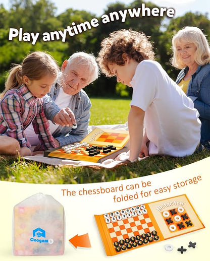 Coogam Magnetic Travel Chess Board Game, 3 in 1 Tic-Tac-Toe Checkers Set, Indoor Outdoor Activity Travel Toy Gift for Family Friends Party Favor