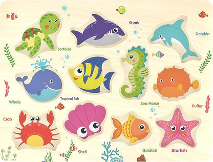 Wooden Peg Puzzle, Sea Creature Chunky Baby Puzzles, Colorful Wood Shape Puzzle Peg Board, Animal Knob Puzzles for Educational Toddlers 18 Months and Up, 11 Pieces