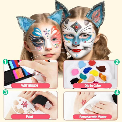 26 Colors Face & Body Paint Palette Kit，Halloween Makeup Kit, face painting kit professional，with 10 Brushes+30 pcs Stickers，Ideal for Halloween Cosplay Party SFX Arty Stage Makeup(26-Colors)