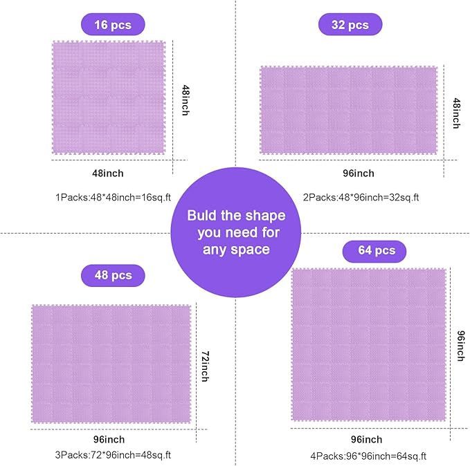 Shihanee 16 Pcs Foam Floor Baby Tiles 11.81 x 11.81 inches Foam Floor Mats Play Mats Bulk with Borders Interlocking for Kids Baby Playroom Nursery Gym（Purple）