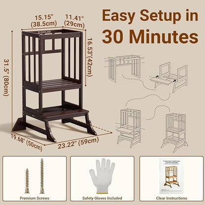 COSYLAND Height Adjustable Kitchen Stool for Toddlers – Portable Toddler Standing Tower for Learning and Cooking – Stable Kids Helper Tower with Stability Block for Kitchen Counter (Walnut)