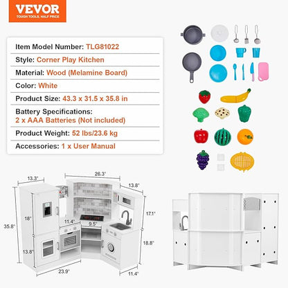 VEVOR Interactive Wooden Toy Play Kitchen Playset for Kids with Lights and Sounds, Corner Design with Ice Maker, Oven, Sink, Clock, Microwaves, Refrigerator and Accessories, for Girls & Boys, White