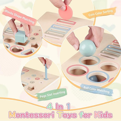 Montessori Toys for 2 3 4 5 Color Sorting - Wooden Object Permanence Box with Drawer Sensory Toys Shape Sorter Education for Baby Toddler Boy Girl Drop Busy Box 4 in 1