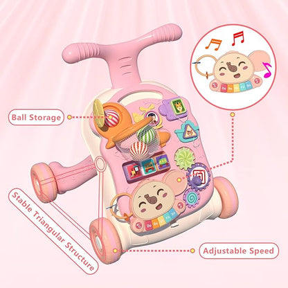 QDRAGON 3 in 1 Baby Walker and Activity Center for Girl, Learning to Walk, Sit to Stand, Early Educational Push Toys with Music Panel for Infant Toddler 12+ Months Pink