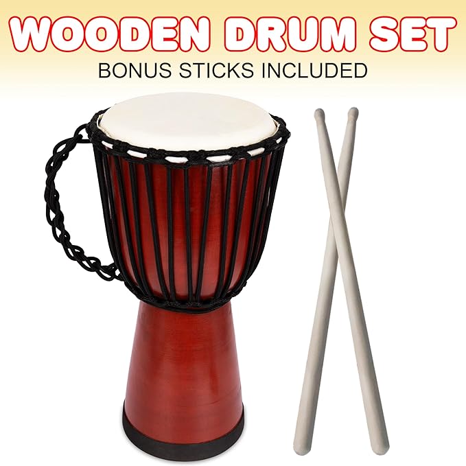 ArtCreativity 16 Inch Wooden Djembe Drum Set with Sticks, Rustic Brown Wood African Drum Design, Fun Musical Instrument for Kids and Adults, Great Gift Idea