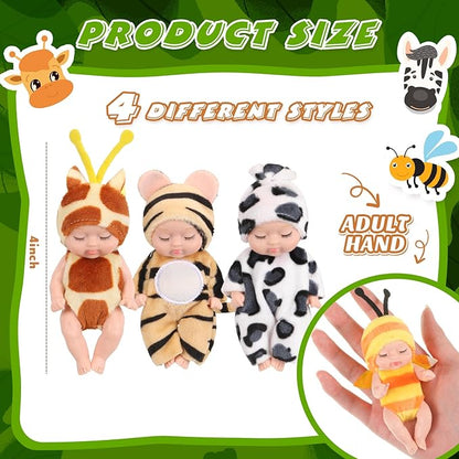 Hanaive 4 Pcs 4 Inch Mini Baby Dolls Lifelike Realistic Baby Dolls Animal Clothes Cute Tiny Gifts for Kids Birthday Party(Print Style)