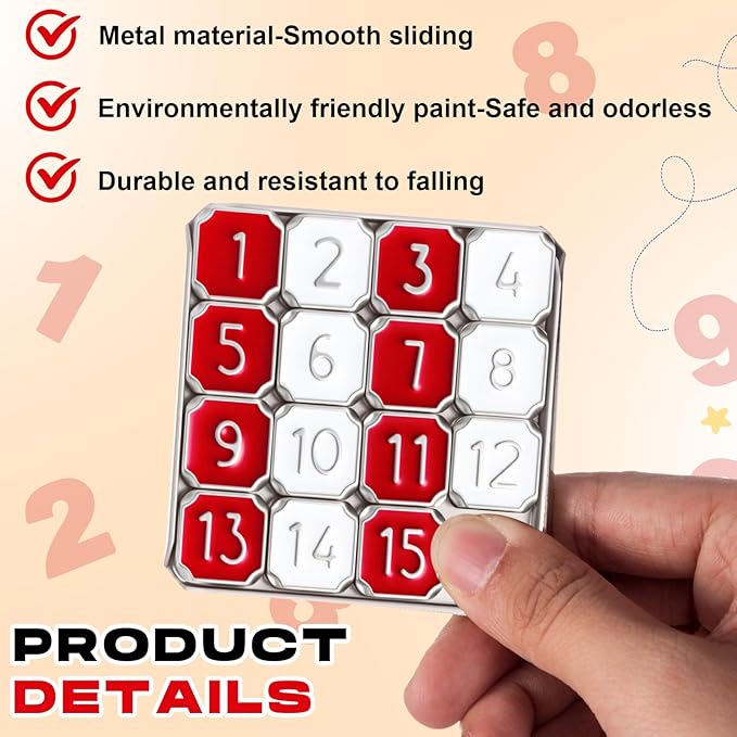 Metal Number Slide 15 Puzzle Red and White Number Sliding Puzzle Educational Pocket Funny Christmas IQ Game Gift for Teens and Adults, Ideal for Learning Tool Party Favors,1 Pack