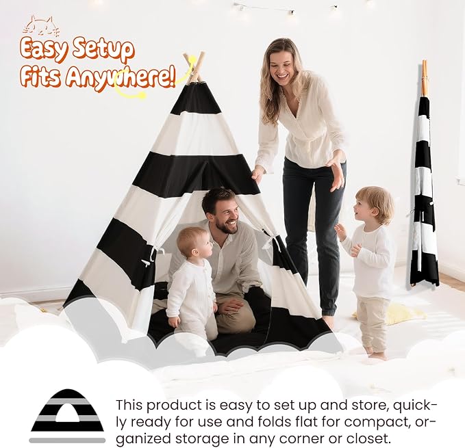 Teepee Tent for Kids with Lights, and Carry Bag, Washable Playhouse for Indoor Use, Ideal Play Tent for Girls and Boys, Stripe Black