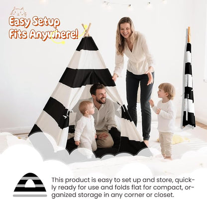 Teepee Tent for Kids with Lights, and Carry Bag, Washable Playhouse for Indoor Use, Ideal Play Tent for Girls and Boys, Stripe Black