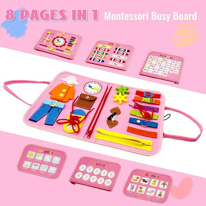 Montessori Busy Board - Busy Book for Toddler 3 4 Educational Toys for Boys Girls, Sensory Activity Board, Fine Motor Skills Learning Gift (Pink)