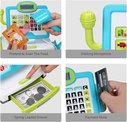FS Pretend Play Cash Register Toys with Scanner, Calculator, Large Drawer, Microphone, Play Food, Supermarket Cashier Register Toy, Pre-School Gift for Kids, Toddlers, Boys & Girls, Ages 3 4 5 6 7 8