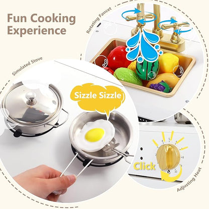Kinder King Wooden Kids Play Kitchen, Toy Kitchen Playset for Toddler, Play Kitchen Set w/Blackboard, Transparent Coloring Board, Pretend Dishwasher, Oven, Ice Maker, Gift for Boys Girls Age 3+, White
