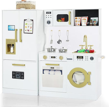 Play Kitchen Sets for Kids, Pretend Wooden Kids Kitchen Playset, Interactive Toy Kitchen with Freezer, Washing Machine, Ice Maker & Large Storage Space, for Boys Girls Ages 3+, White
