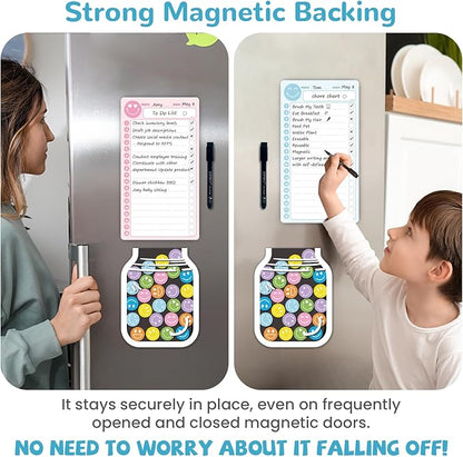 JJPRO Magnetic to Do List for Kids with Smiley Faces Reward Jar- 10" x5.5“ Home Chore Chart for Fridge,Daily Checklist for Toddlers,Magnetic Reward Jar Positive Behavior Training -Blue&Pink