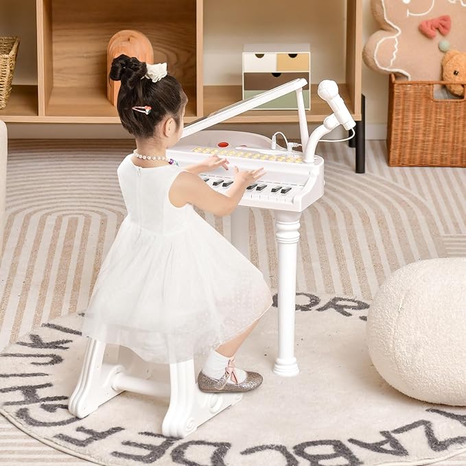 Costzon Kids Piano, 31 Key Mini Grand Piano Toy Keyboard with Microphone, Stool & Lights, Portable Electronic Piano Educational Musical Instrument Toy, Birthday Gift for Toddler Boys Girls (White)