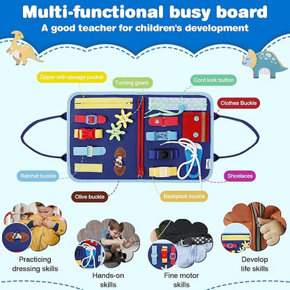 Busy Board Montessori Toys for 1 2 3 4 Year Old Boys Girls Gifts, Sensory Toy for Toddlers 1-3, Educational Activities Travel Toy for Airplane Car, Busy Book for Learning Fine Motor Skills,Blue