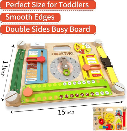 Double-Sided Montessori Busy Board for Toddlers 3-5, Train Babies Fine Motor Skills, Toddler Boy Toy of Sensory Activity Board, Wooden BusyBoard for 3+ Year Old Kids Birthday Gift