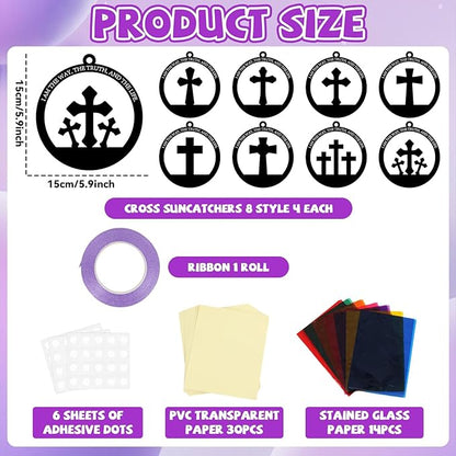 32 Sets Cross Suncatchers Craft Kit DIY Religious Window Stained Glass Effect Christian Paper Craft Home School Classroom Decoration Kid Sunday School Birthday Gift Creative Art Project Activity Game