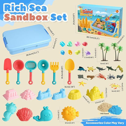 FRUSE Ocean Sensory Bin,Play Sand Art Kit with 2.2lbs Play Sand,12 Sea Animal Toys,Sand Molds,Role Play Beach Toy Sandbox Toys for Toddlers 3 4 5 6 7