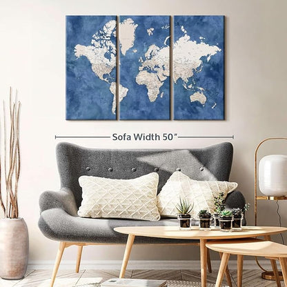 ElephantStock Detailed World Map With Cities I Wall Art - Horizontal Canvas - 3-Piece Living Room Decor - Watercolor Map Canvas Print - Beige and Blue Wall Decor by Blursbyai - 45" X 28"