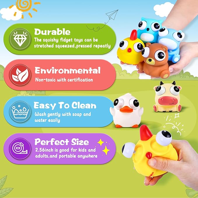 8 Pack Animal Squishy Fidget Toys, Cute Squishies Toys for Kids Adults, Pop Out Eyes Toy, Popping Eye Stress Relief Toy, Easter Basket Stuffers, Party Favors, Goodie Bag Stuffers and Classroom Prizes