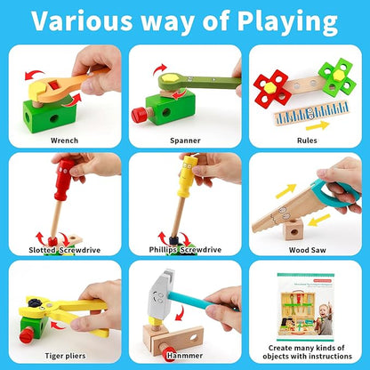 Kids Tool Set Wooden Toddler Play Tools Set with Tool Box, Montessori Educational Learning Toys STEM Construction Building Toy for 3 4 5 6 7 8 Years Old Kids Birthday Gifts for Boys and Girls