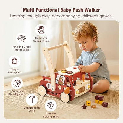 3-in-1 Wooden Baby Walker Adjustable Height with Tool Bench and Toy Storage Wagon - Multifunctional Toddler Push Walker Ergonomically Designed for Natural Walking - 3+ Years of Continuous Use
