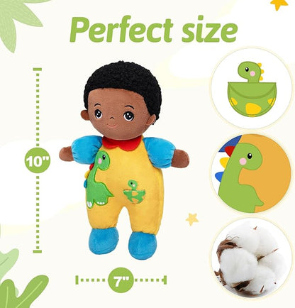 OUOZZZ 10" Soft Black Boy Baby Doll for 1 Year Old - Dinosaur Toys for 1 Year Old Birthday Christmas Plush Gift for Toddler Adorable First Buddy Doll