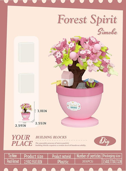 Peach Retreat Mini Bonsai Tree Micro Building Set Building Toy Plant Cherry Tree Flower Collection Decor for Home Desk Greenery Decoration Building Blocks DIY Creative Gifts