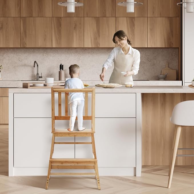 COSYLAND Toddler Standing Tower with Stabilizing Legs - Bamboo Kids Kitchen Step Stool for Learning Cooking - Stable Nursery Standing Stool for Kitchen Island, Bathroom (Natural)