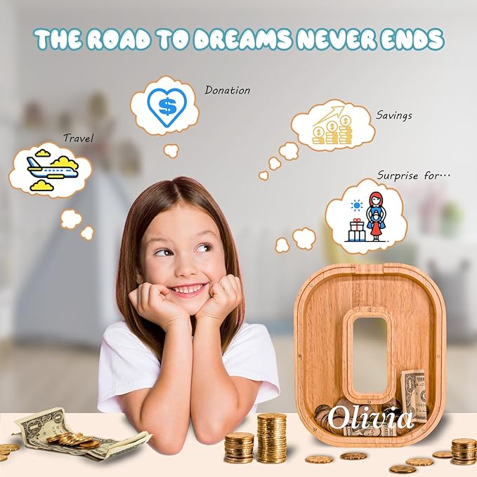 Wooden Letter Piggy Bank for Kids Larger Alphabet Letter Bank for Boys Initial Coin Bank Personalized Piggy Bank Wood Money Save Box for Birthday and Festival-Upgrade 9"" O Piggy Bank