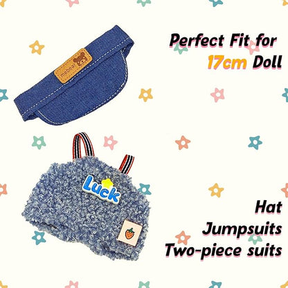 Clothes for 17cm Doll, 2 PCS Cute Blue Lucky Hat & Jumpsuits Set, Dress up Outfit Exquisite Accessories for Dolls