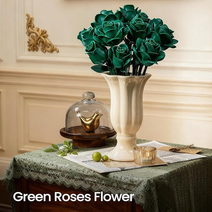 iATOM Green Rose Bouquet Building Set, Artificial Flowers Botanical Collection for Adults, Gift for Valentines Day & Christmas - Retro Home Office Table Centerpiece Decor - IA11018