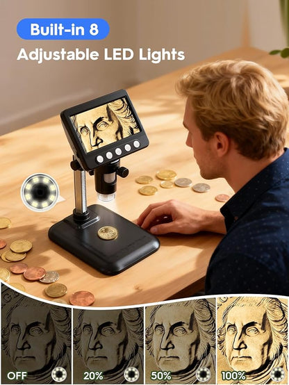 Coin Microscope, 4.3" LCD USB Digital 1000X Coin Magnifier with 8 Adjustable LED Lights, 1080P PC View Compatible with Windows/MacBook for Adults Kids