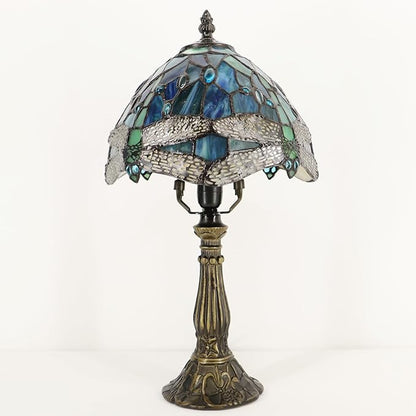 Small Tiffany Lamp Mini Accent Table Lamp Stained Glass Desk Memory Lamp Sympathy 8X14.5 Inch (Sea Blue Dragonfly Style)