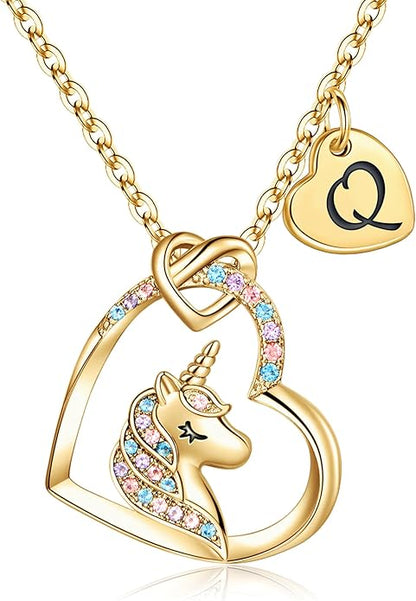 Hidepoo Unicorn Necklace Gifts for Girls - Colorful CZ Heart Pendant Initial Unicorns Necklaces for Teens Little Girls Jewelry Birthday Gift for Girl Daughter Granddaughter Niece