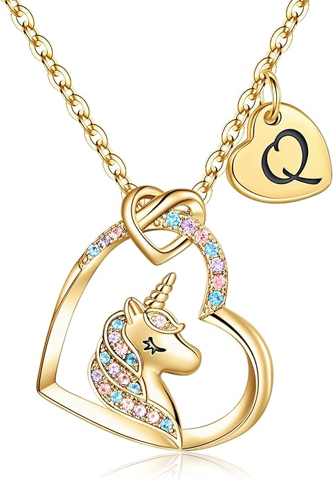 Hidepoo Unicorn Necklace Gifts for Girls - Colorful CZ Heart Pendant Initial Unicorns Necklaces for Teens Little Girls Jewelry Birthday Gift for Girl Daughter Granddaughter Niece