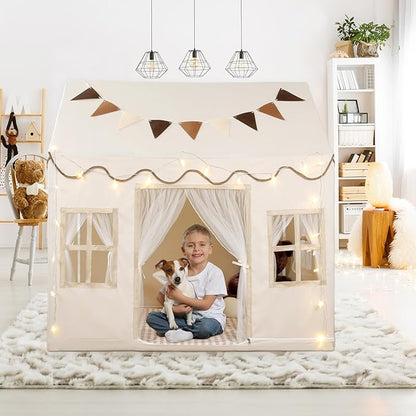 Kids Play Tent, Toddlers Large Playhouse with Star String, Flag, Machine Washable, Indoor and Outdoor Play Tent for Kids, Girls & Boy Aged 3+, 50" x 34" x 51", Cream