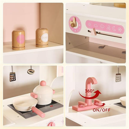 SainSmart Jr. Play Kitchen for Kids, Wooden Kitchen Playset with Lights & Sounds, Ice Maker, Oven & Sink, Trendy Home Style Toy Kitchen, Gift for 3+ Years