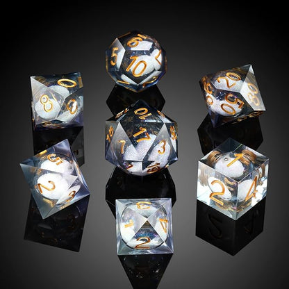 DNDND Liquid Sharp Edge DND Dice, A Full Set of Liquid D&D Die with Gift Case for Dungeons and Dragon Game (Grey Liquid)