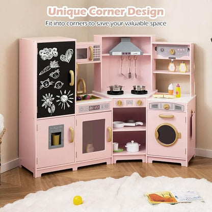 Costzon Corner Play Kitchen w/Lights, Sounds, Large Pretend Play Kitchen Set w/Blackboard, Microwave, Cooking Accessories, Wooden Montessori Sensory Toy for Kids 3+ Years Old (Pink)