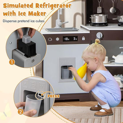 HONEY JOY Corner Kids Kitchen Playset, Wooden Toy Kitchen Set w/Lights & Sounds, Range Hood, Ice Maker & Coffee Maker, Microwave, Sink, Faucet, Little Chef Pretend Play Kitchen for Toddlers, Brown