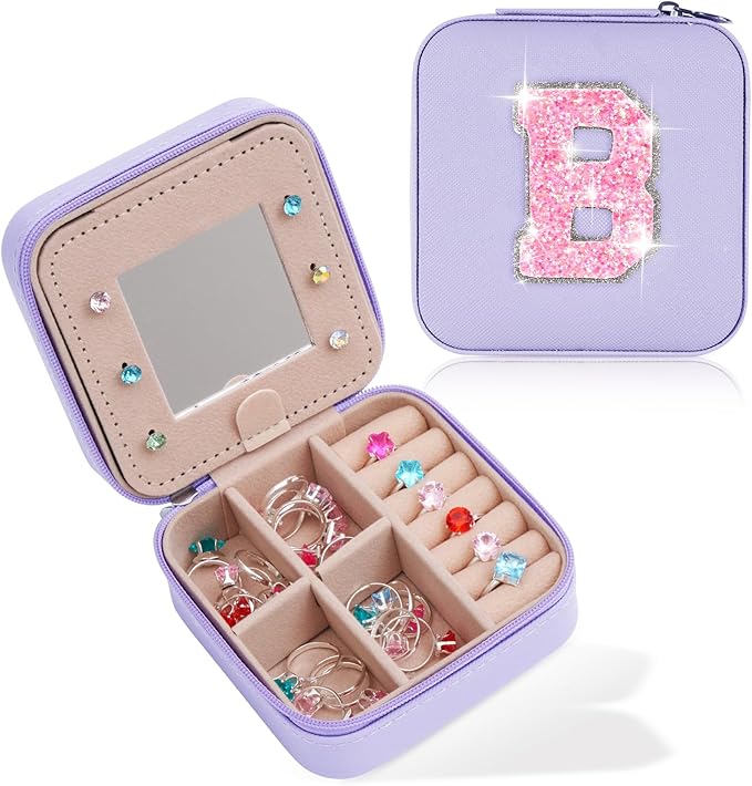 Initials Travel Jewelry Case - Bridesmaid Gifts Wedding Day,Bridesmaid Proposal Gift,Bridal Shower Gifts,Maid of Honor Gifts,Bachelorette Party Decorations Favors | Lavender,B