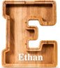 Customized Name Large Wooden Piggy Bank for Kids Boys Girls Alphabets Letter A-Z Coins Bills Money Change Bank Box Initial on Clear Cover (Laser Engraved) (Alphabet-E, Personalized-9")
