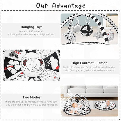 Black and White Tummy Time Mat, Play Mat for Babies 0-6 Months High Contrast Baby Play Activity Gym Baby Tummy Time Play Mat with 5 Toys for Early Sensory Exploration Newborn Infant Baby Playmat