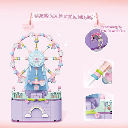 Music Box Building Toys, Rotating Ferris Wheel DIY Building Block for Girls and Boys 6-12 Years Old, 710 pcs, Christmas and Valentine Gifts for Adults and Aged 8 9 10 11 12 Kids