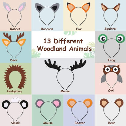 13PCS Woodland Animal Headbands Forest Friend Wild One Camping Theme Felt Ears Headbands For Woodland Creature Theme Baby Shower Birthday Party Favors Kids Adults Cosplay Apparel Party Supplies
