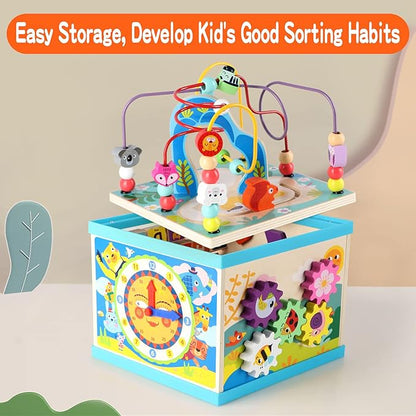 Qilay Wooden Activity Cube for Toddlers 1-3 (Large), 5 in 1 Multipurpose ABC-123 Abacus Bead Maze Shape Sorter | Early Educational Toy for Toddlers - First Birthday Present for Boys Girls